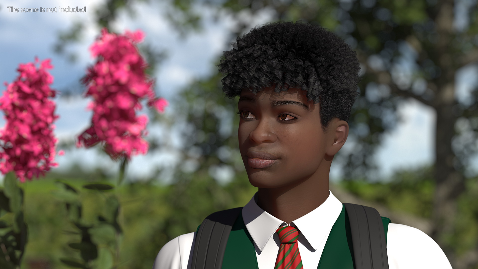 3D Black Teenager Dark Skin School Uniform Standing Pose model