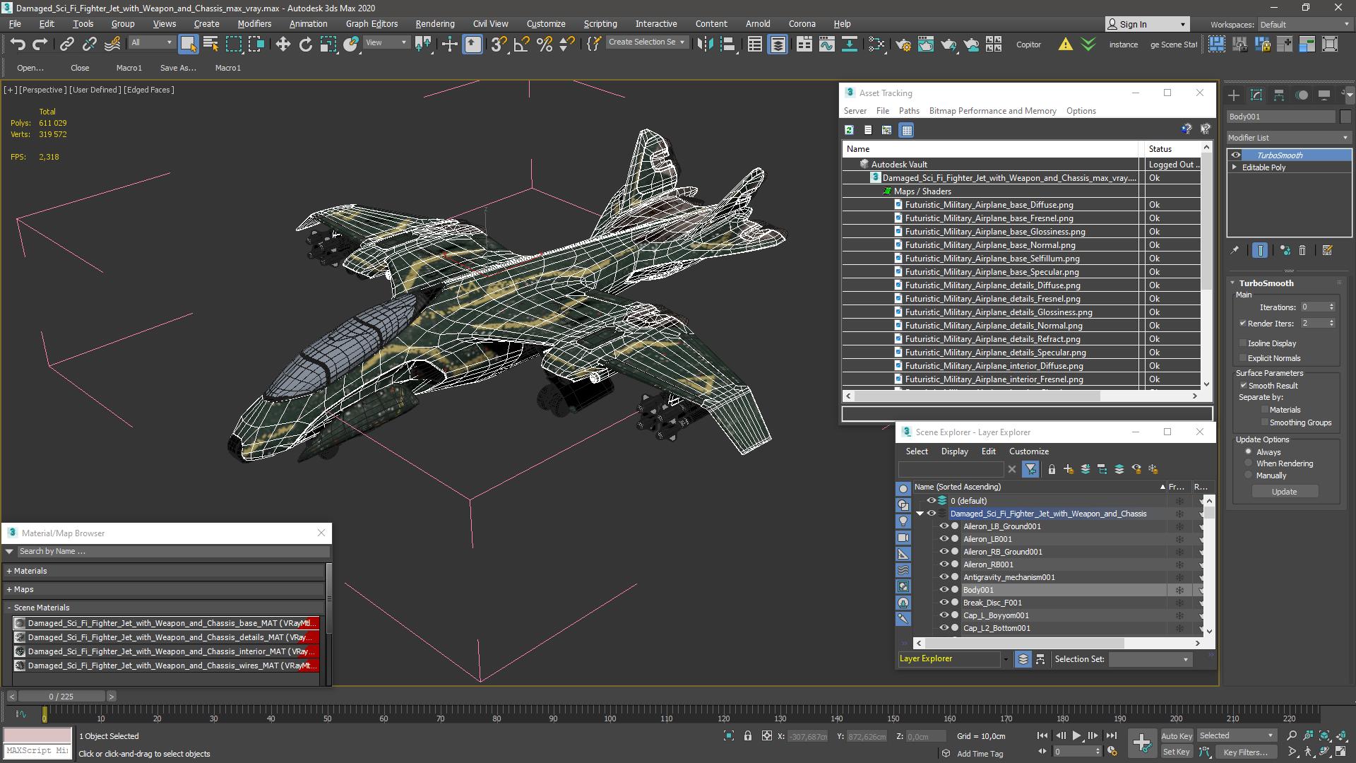 3D model Damaged Sci Fi Fighter Jet with Weapon and Chassis