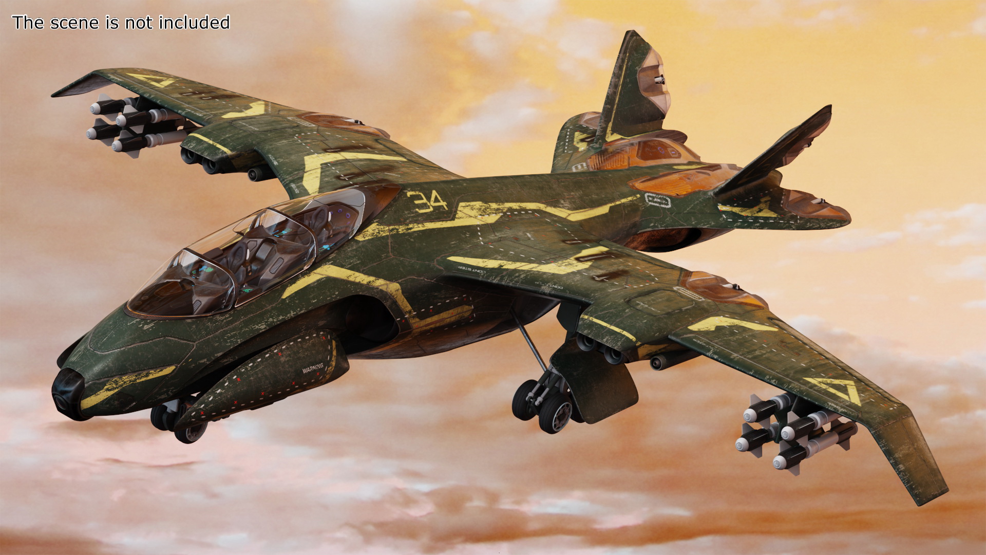 3D model Damaged Sci Fi Fighter Jet with Weapon and Chassis