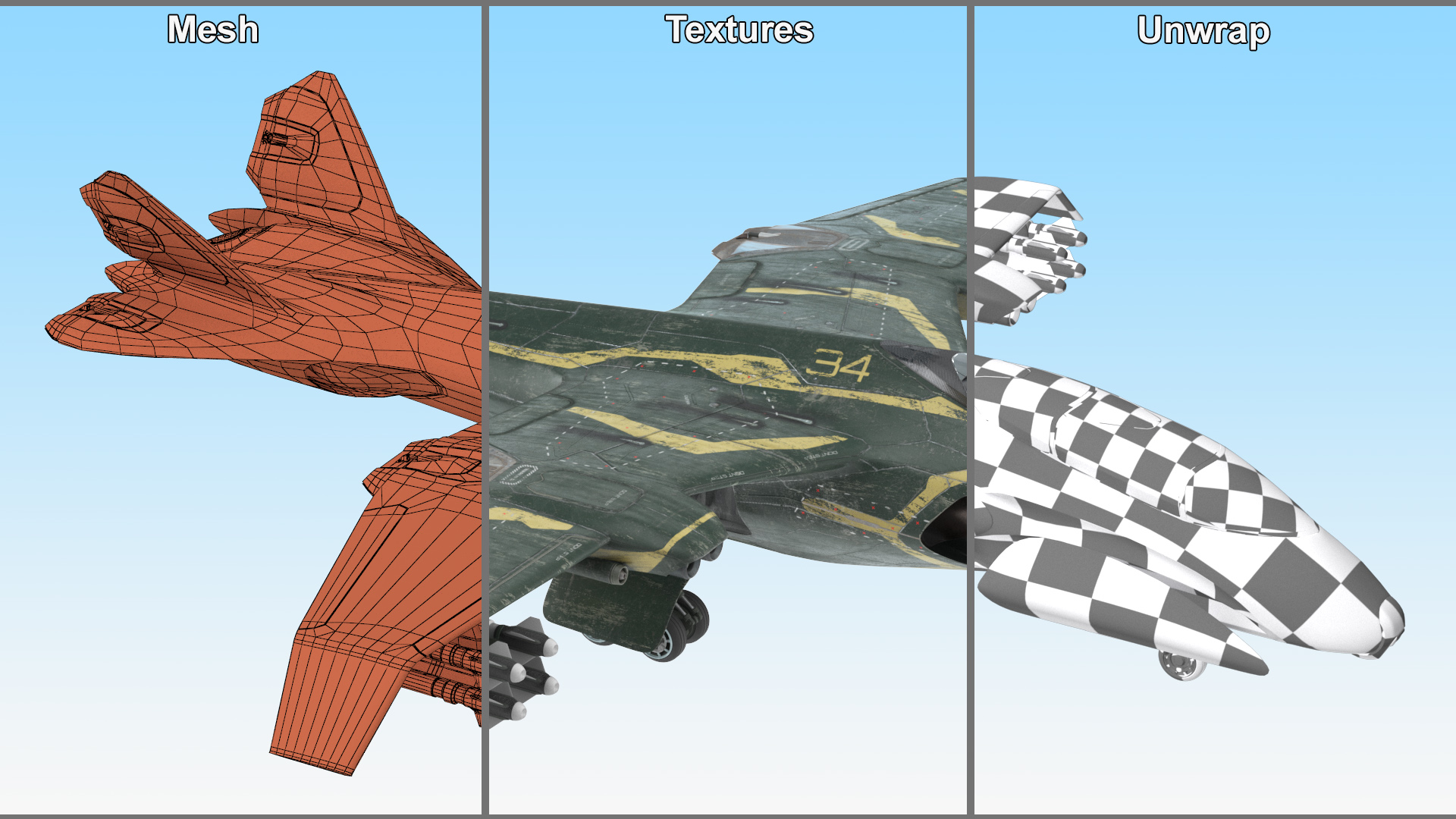 3D model Damaged Sci Fi Fighter Jet with Weapon and Chassis
