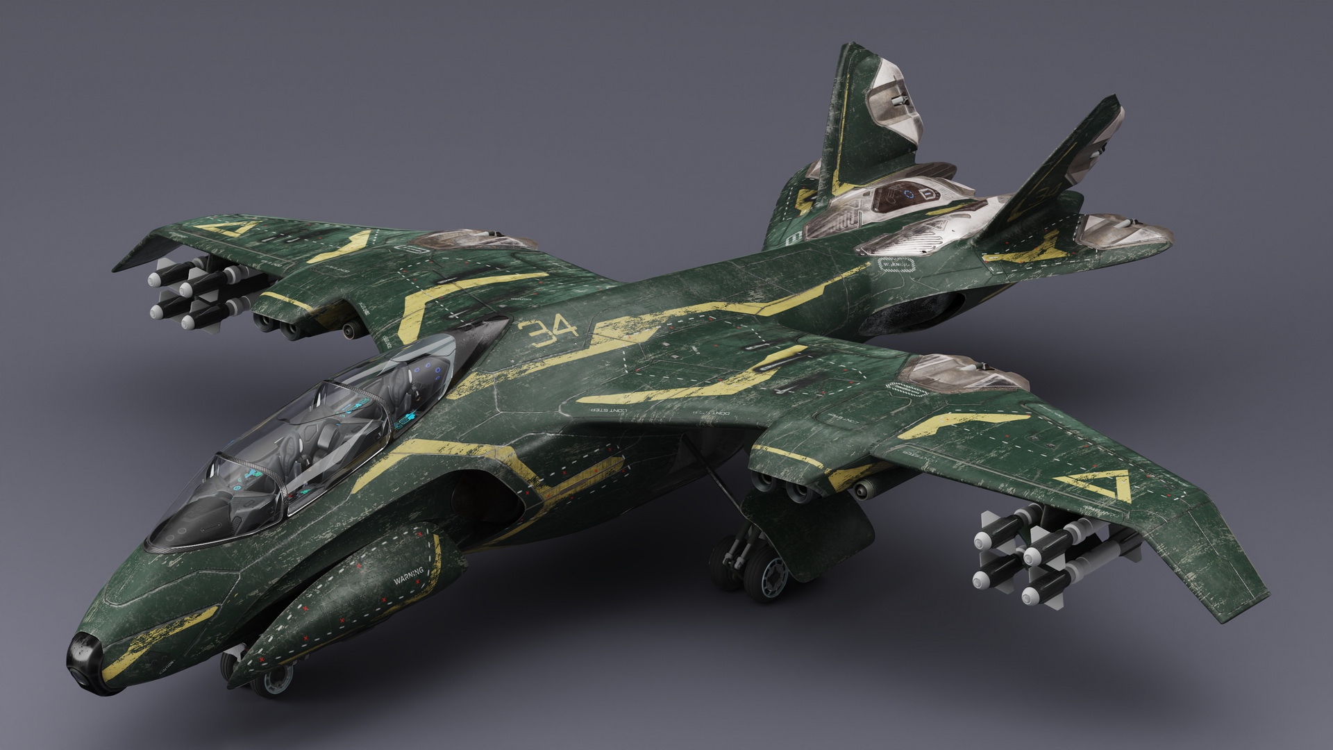 3D model Damaged Sci Fi Fighter Jet with Weapon and Chassis