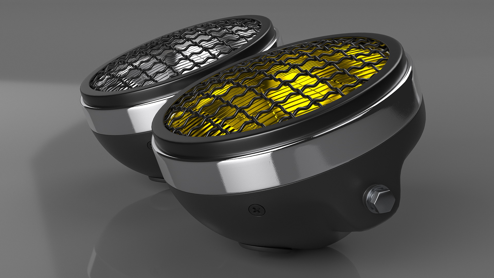 3D Motorcycle Headlight Pair with Mesh Grill