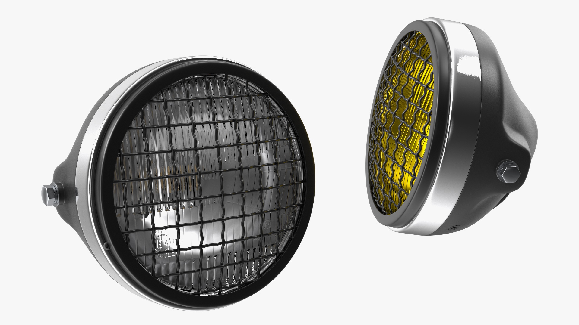 3D Motorcycle Headlight Pair with Mesh Grill