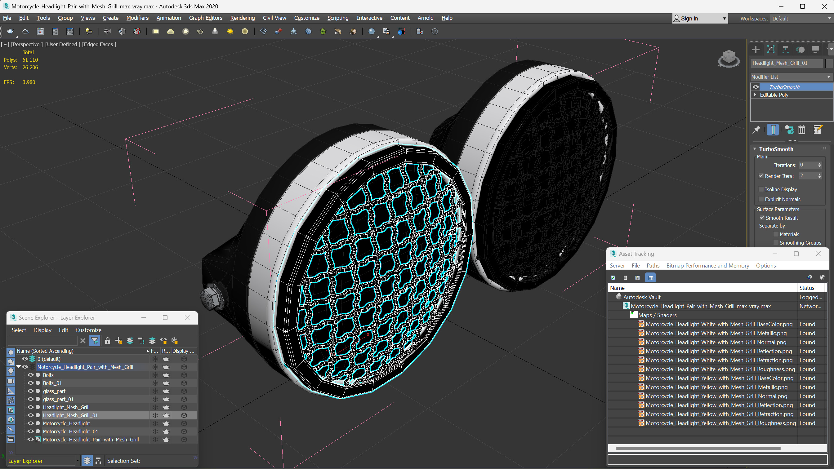 3D Motorcycle Headlight Pair with Mesh Grill
