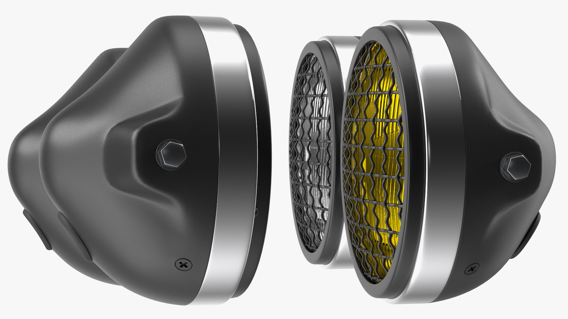 3D Motorcycle Headlight Pair with Mesh Grill