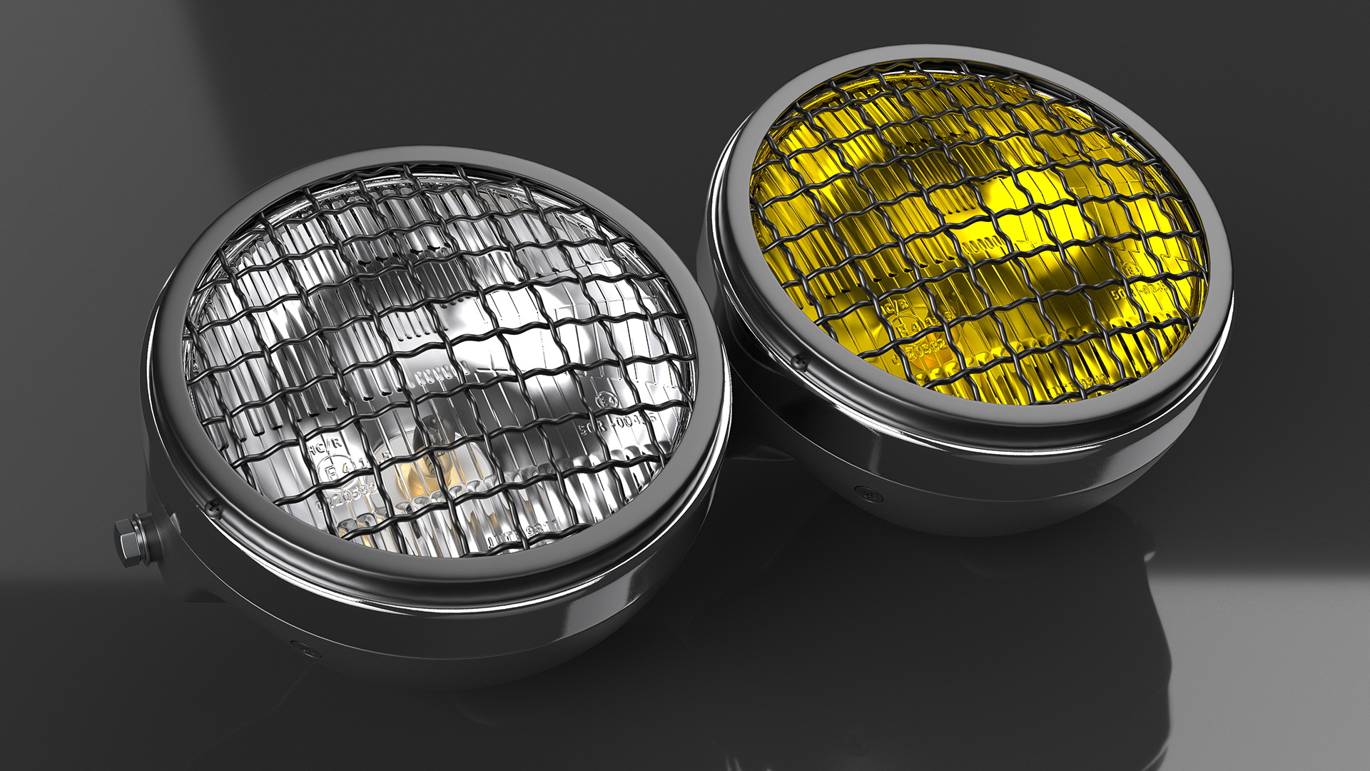 3D Motorcycle Headlight Pair with Mesh Grill