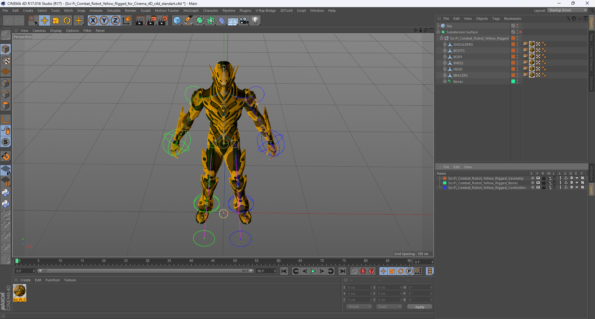 Sci-Fi Combat Robot Yellow Rigged for Cinema 4D 3D