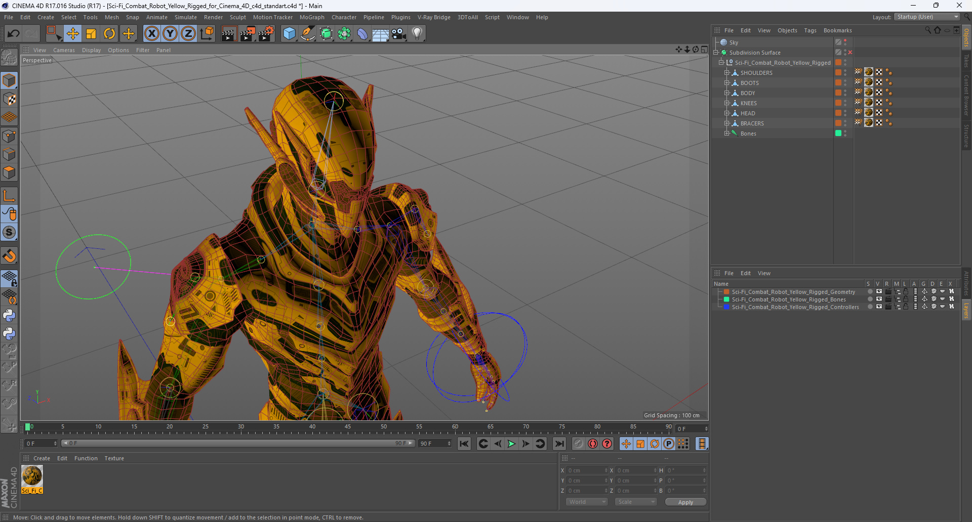 Sci-Fi Combat Robot Yellow Rigged for Cinema 4D 3D