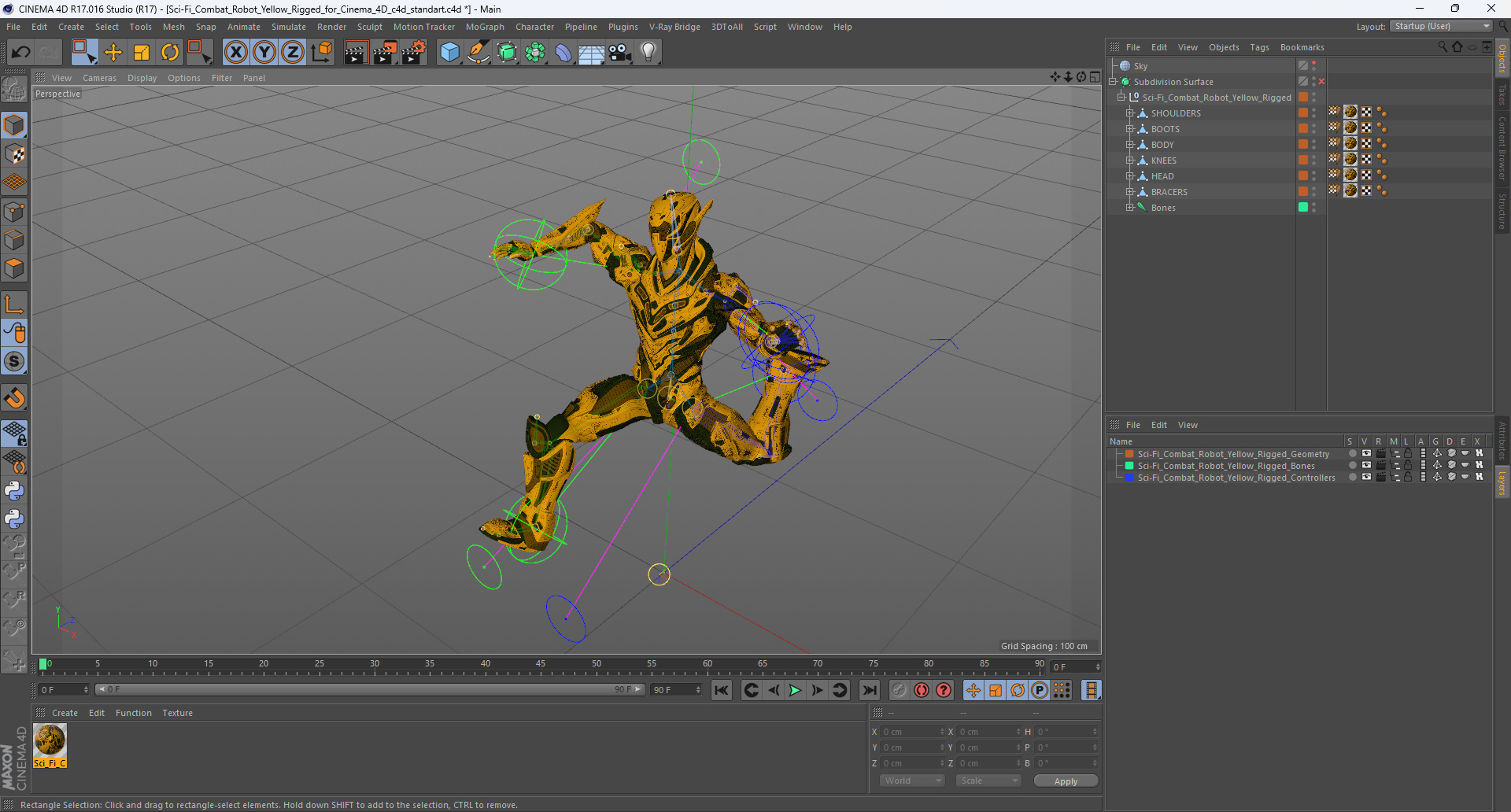 Sci-Fi Combat Robot Yellow Rigged for Cinema 4D 3D