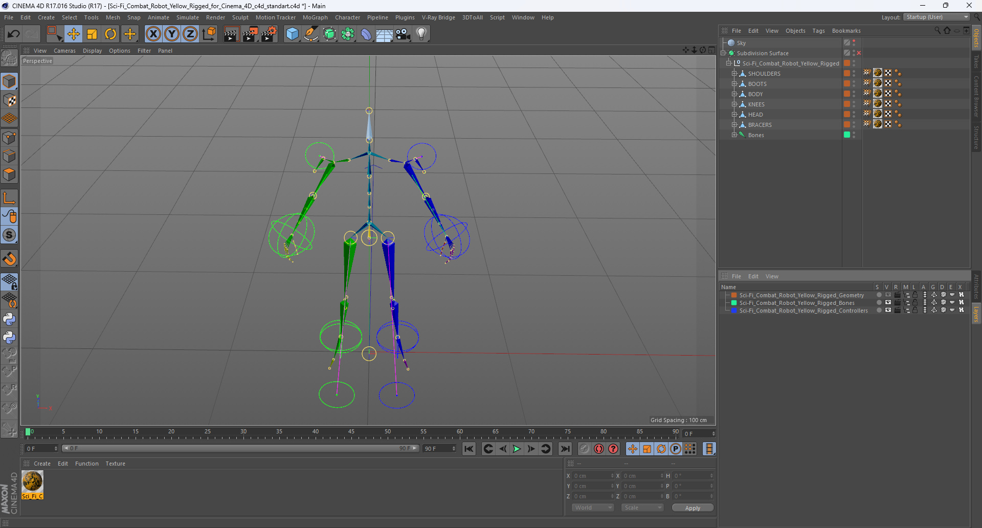 Sci-Fi Combat Robot Yellow Rigged for Cinema 4D 3D
