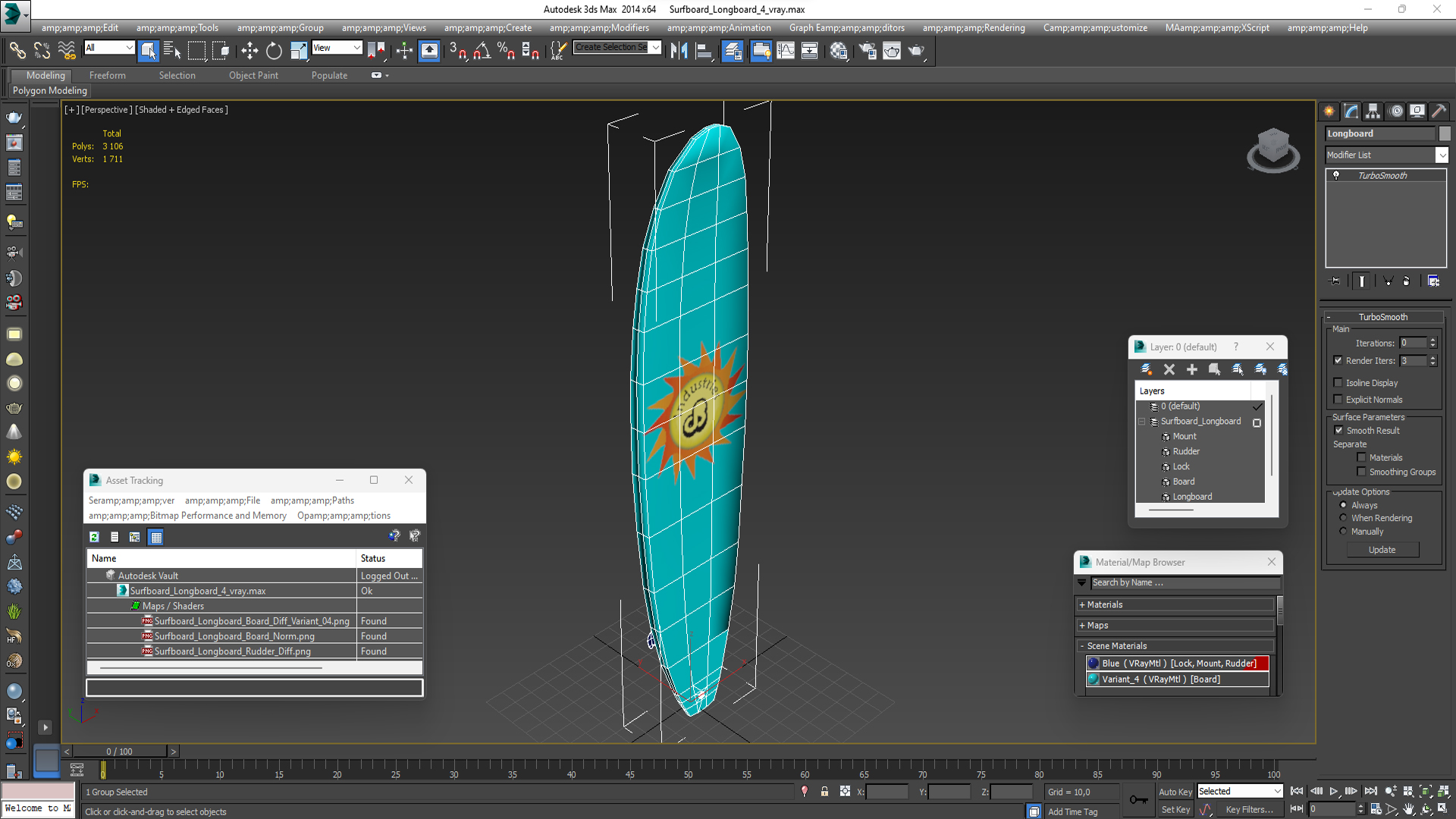 3D Ultimate Longboard Surfboard model