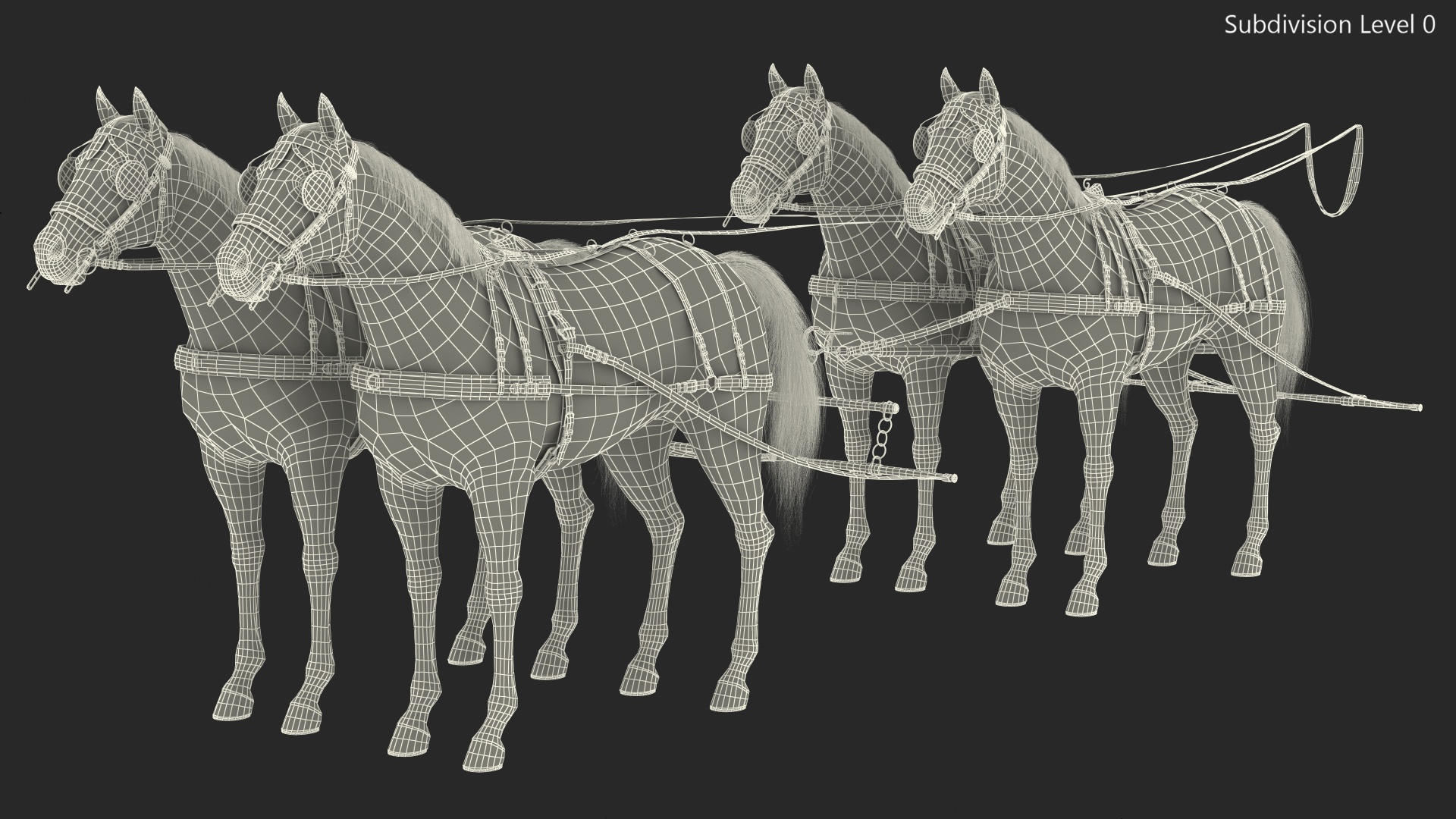 3D Team of Four Harness Fur Rigged