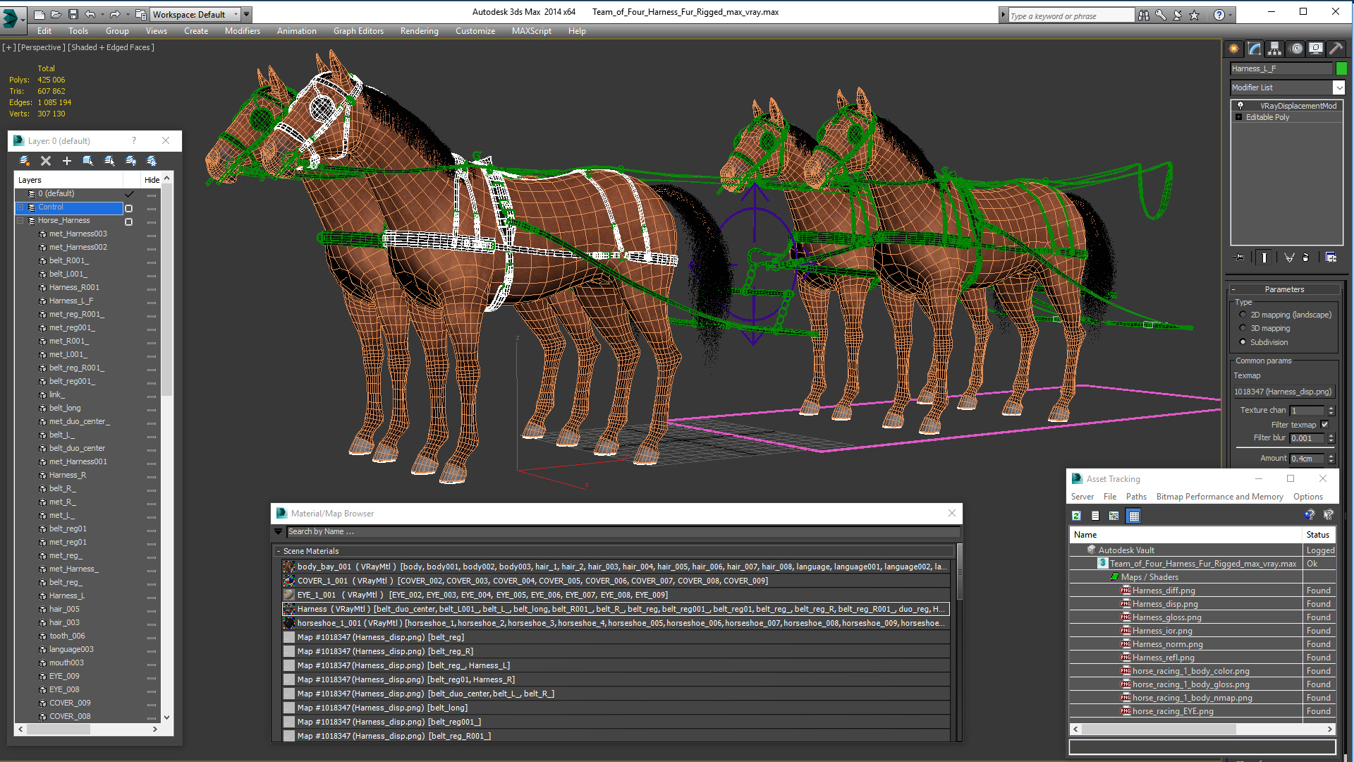 3D Team of Four Harness Fur Rigged