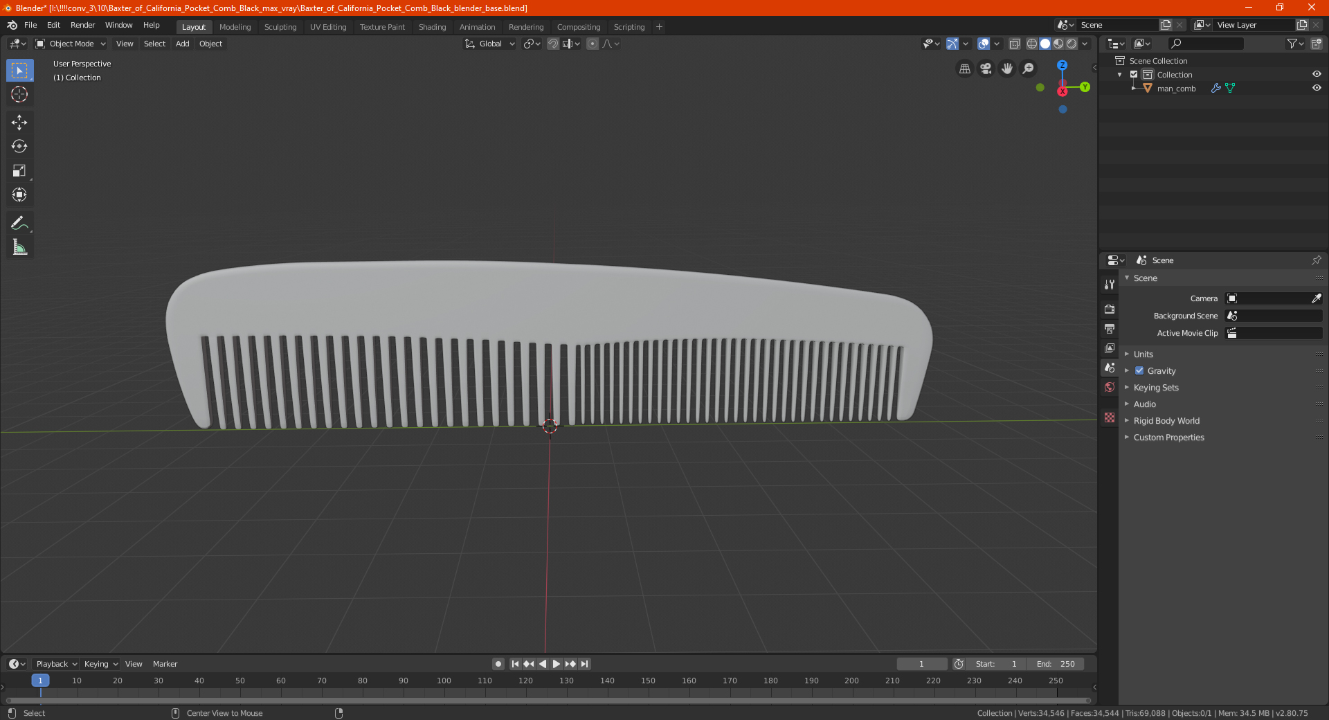 3D Baxter of California Pocket Comb Black model