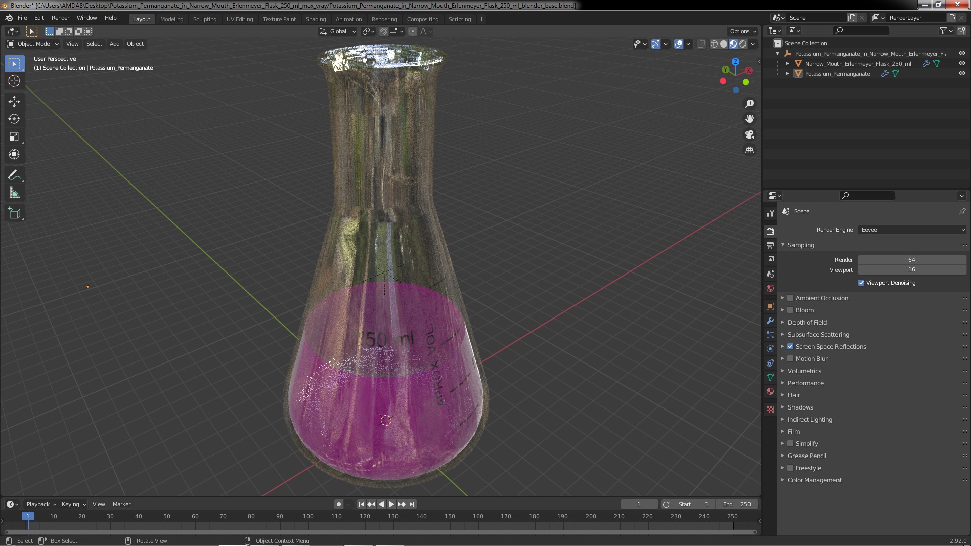 Potassium Permanganate in Narrow Mouth Erlenmeyer Flask 250 ml 3D