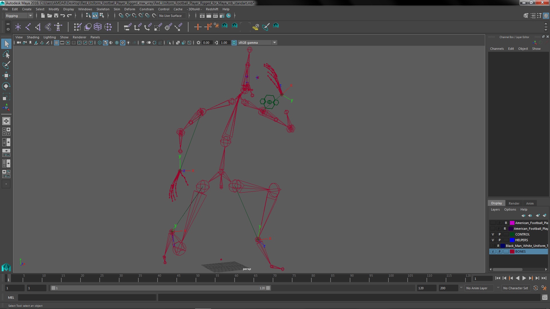 3D Red Uniform Football Player Rigged for Maya model