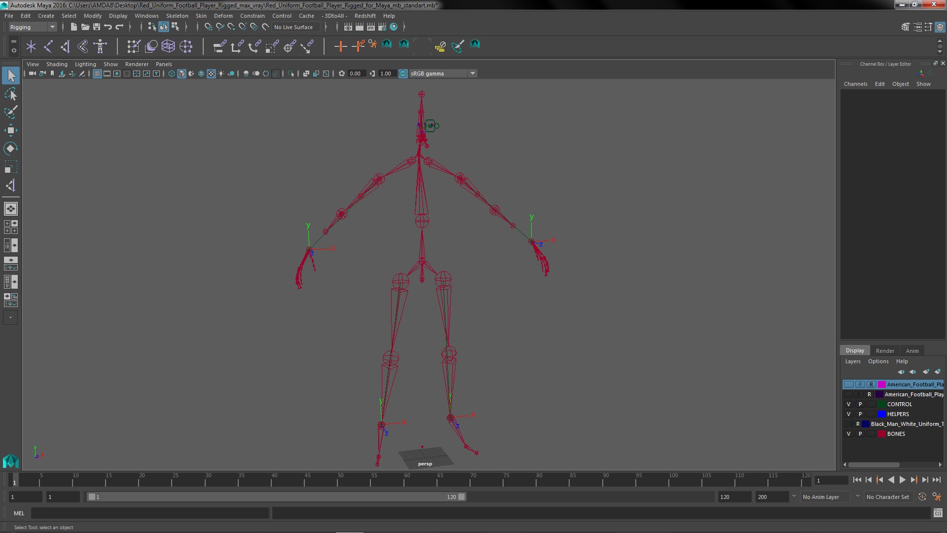 3D Red Uniform Football Player Rigged for Maya model