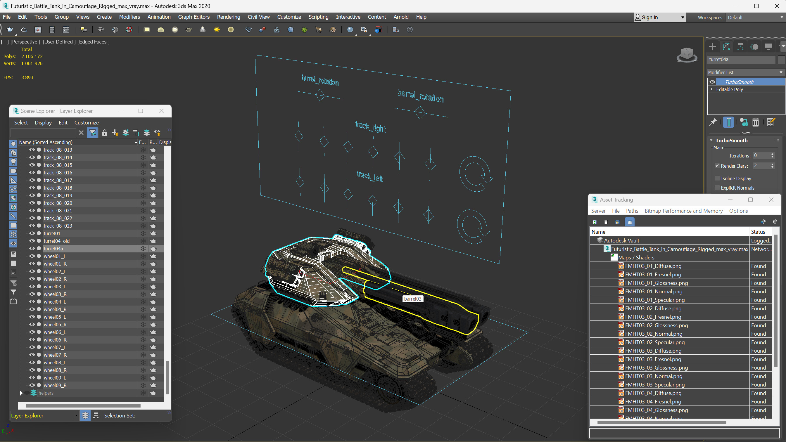3D Futuristic Battle Tank in Camouflage Rigged model