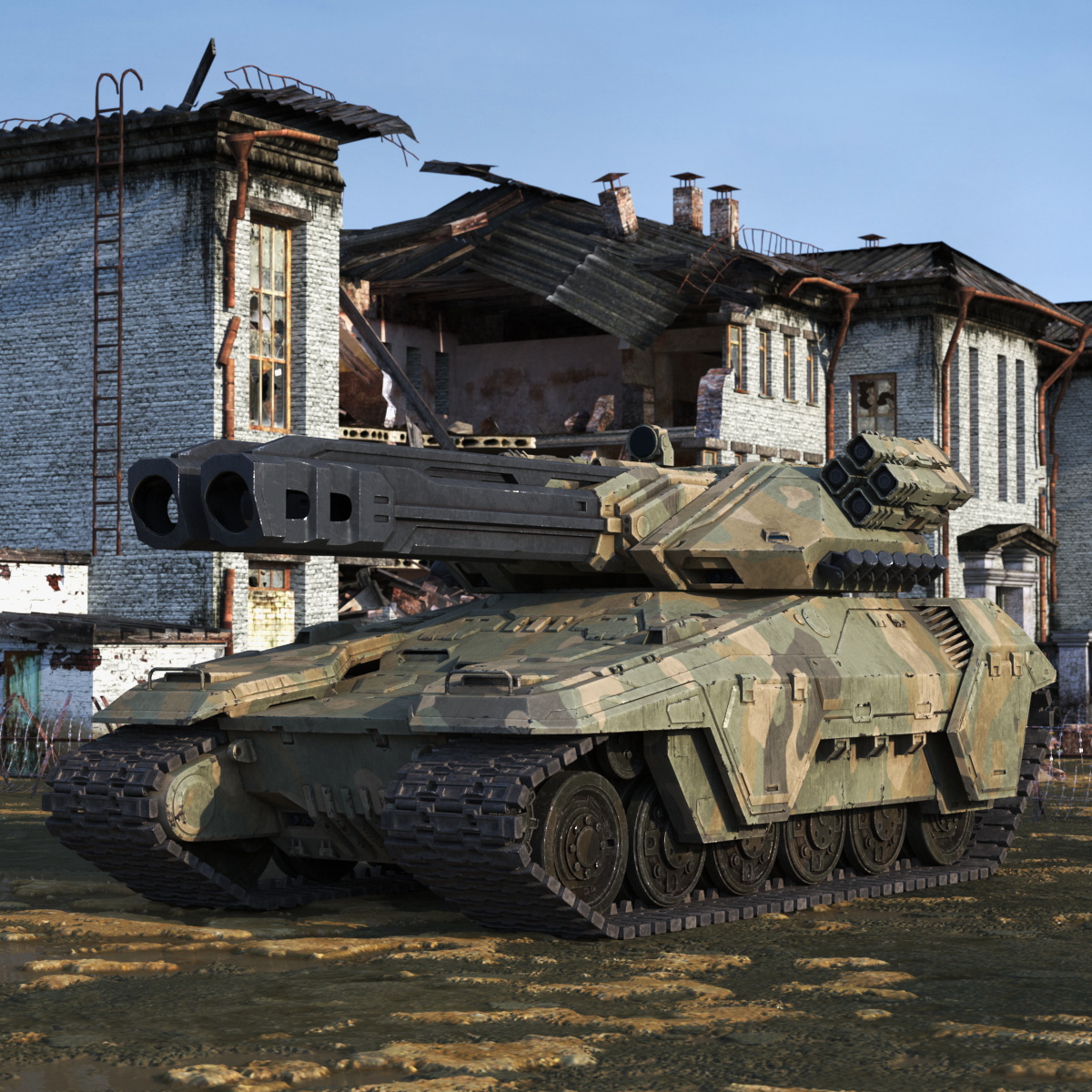 3D Futuristic Battle Tank in Camouflage Rigged model