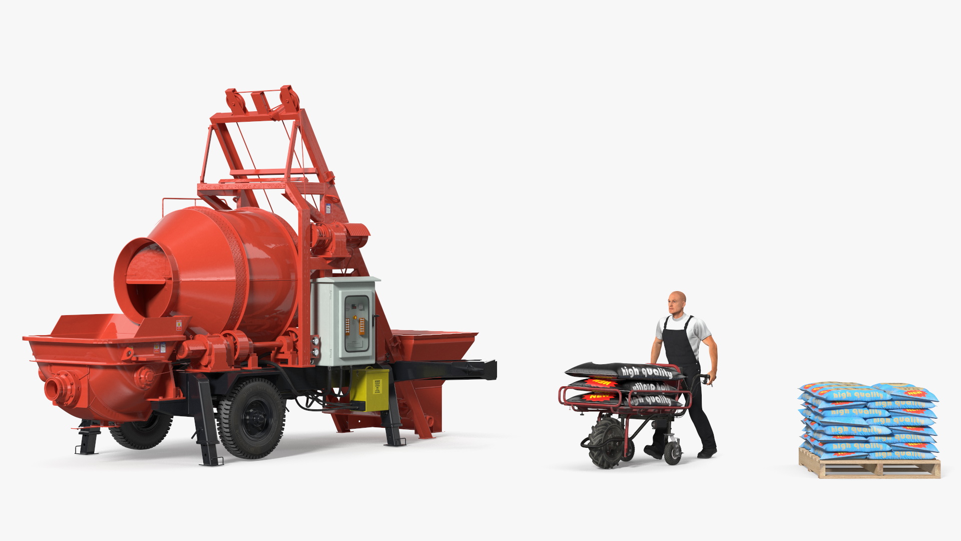 Worker with Cement and Concrete Mixer Pump 3D