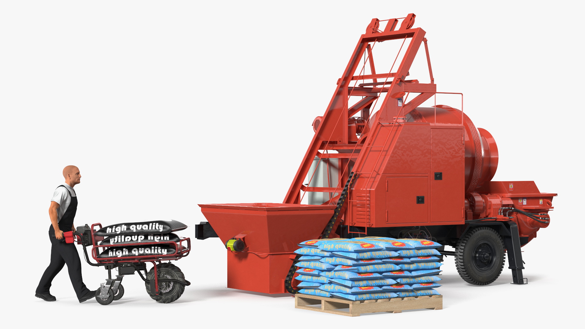 Worker with Cement and Concrete Mixer Pump 3D