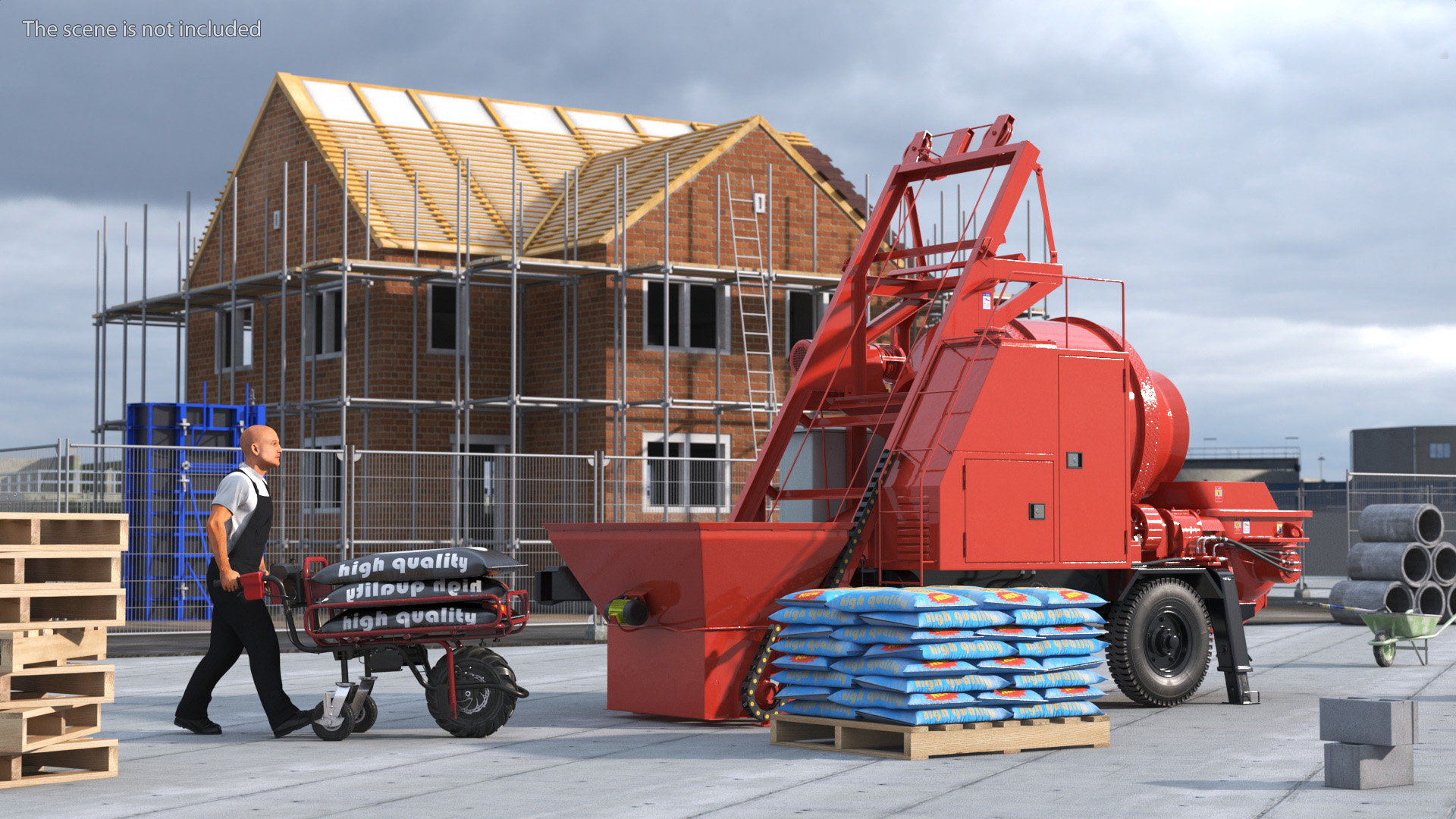 Worker with Cement and Concrete Mixer Pump 3D