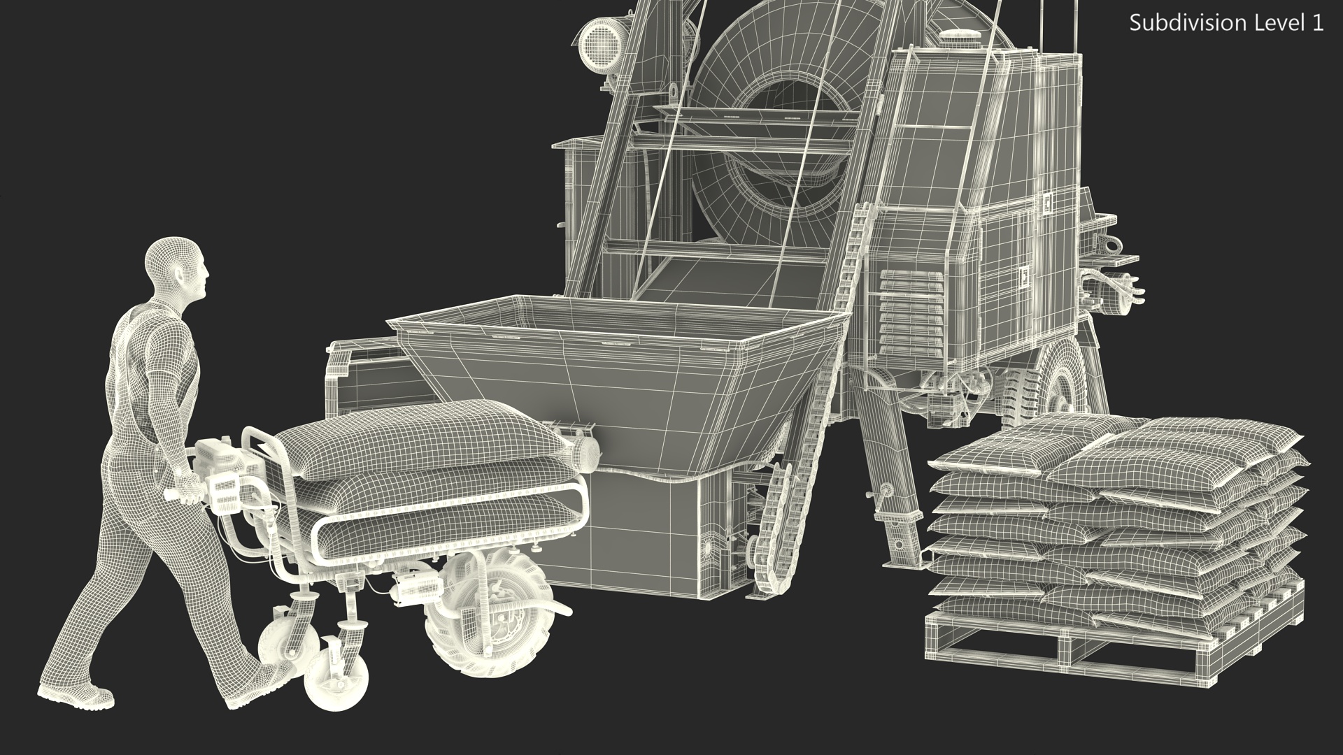 Worker with Cement and Concrete Mixer Pump 3D