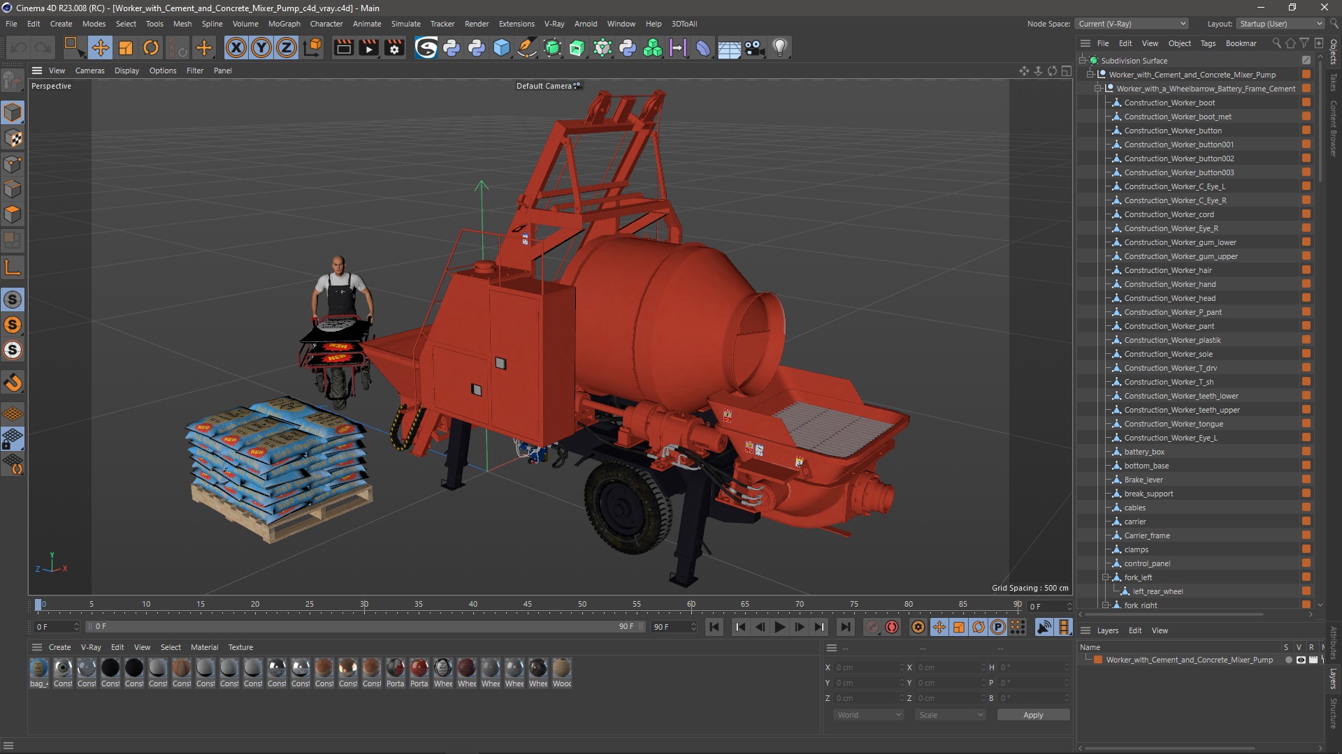 Worker with Cement and Concrete Mixer Pump 3D
