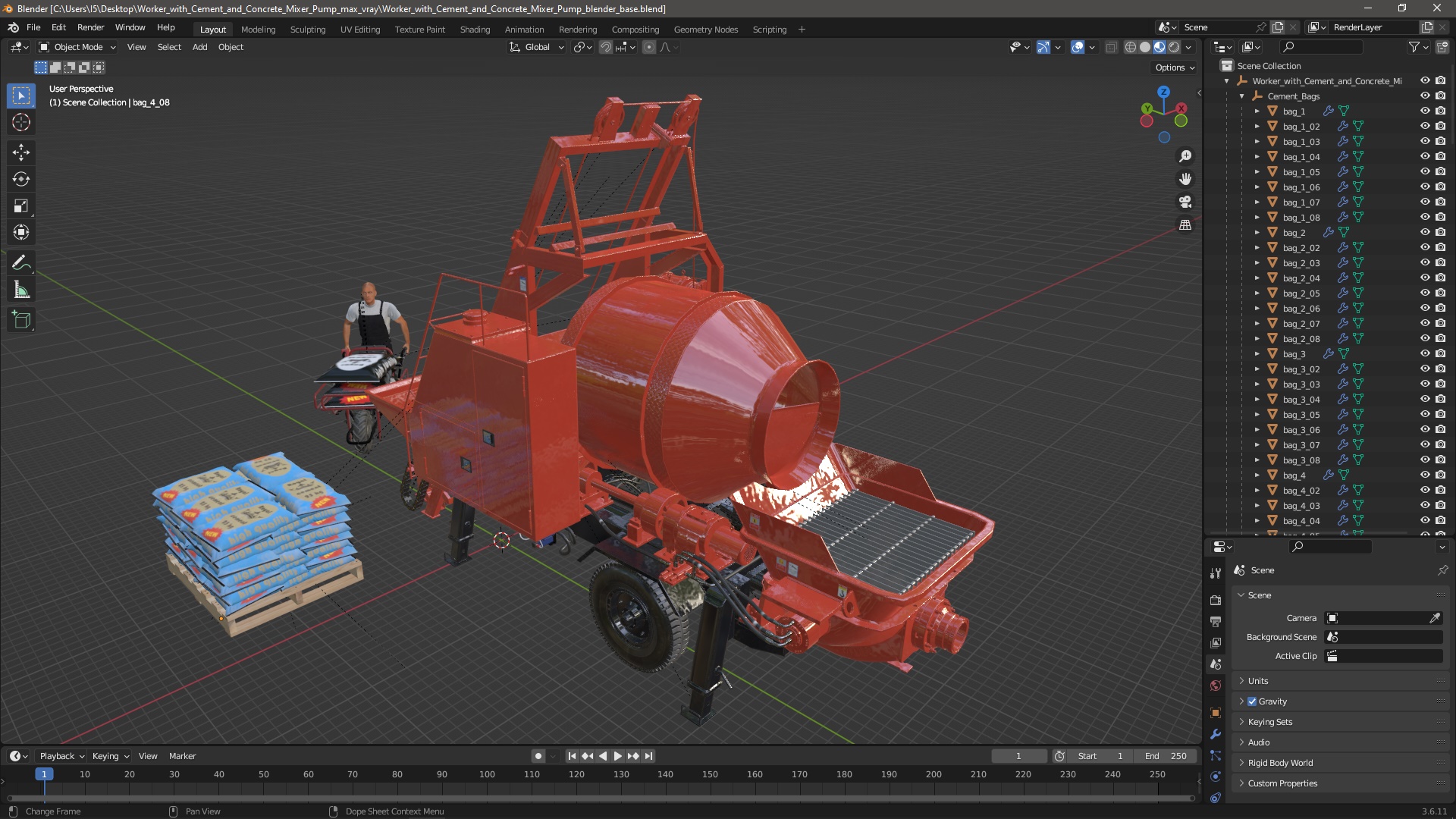 Worker with Cement and Concrete Mixer Pump 3D