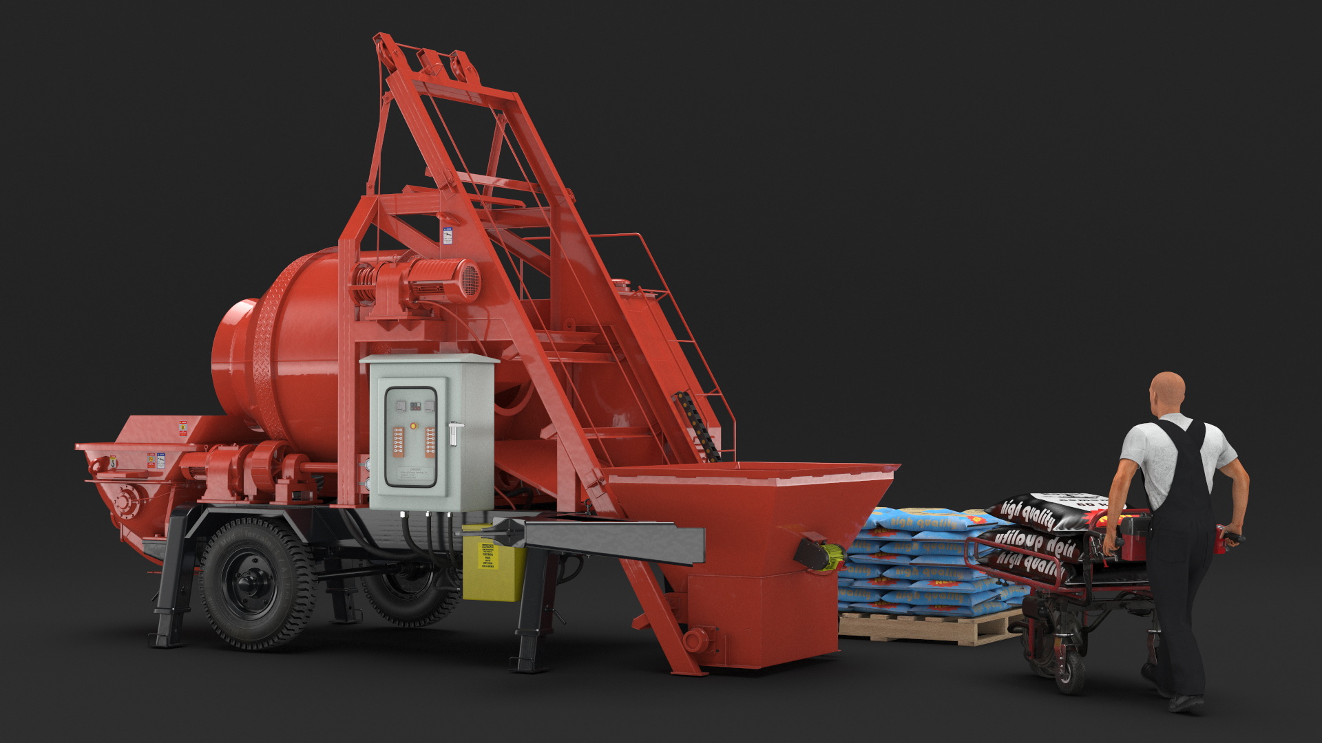 Worker with Cement and Concrete Mixer Pump 3D