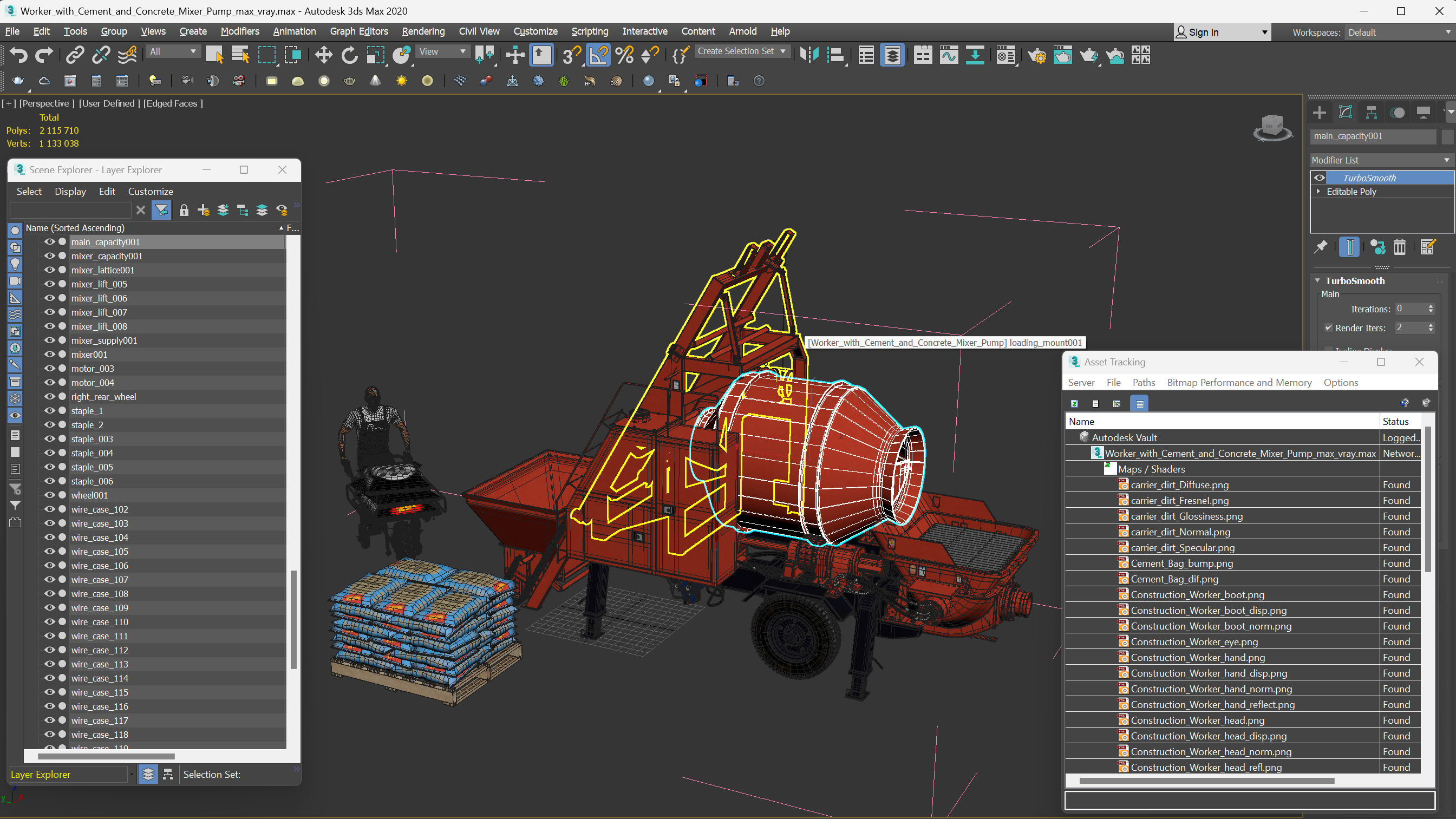 Worker with Cement and Concrete Mixer Pump 3D