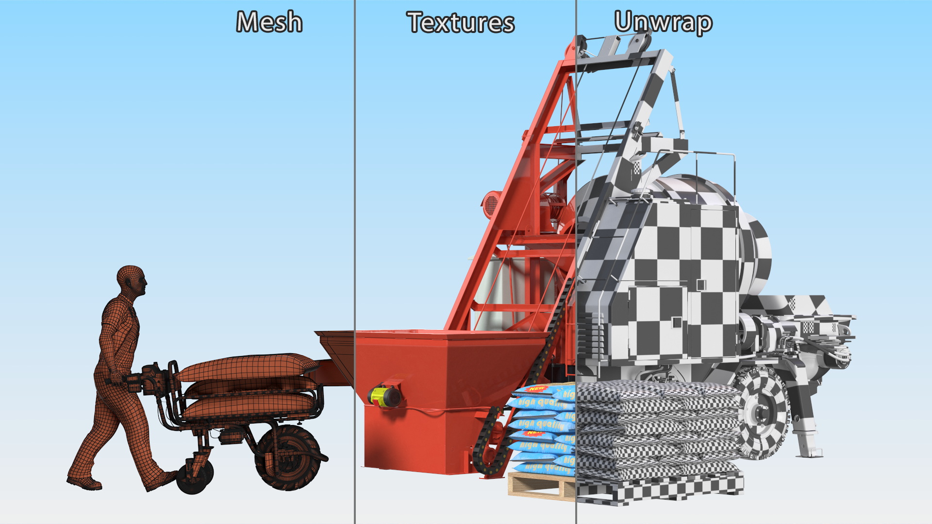 Worker with Cement and Concrete Mixer Pump 3D