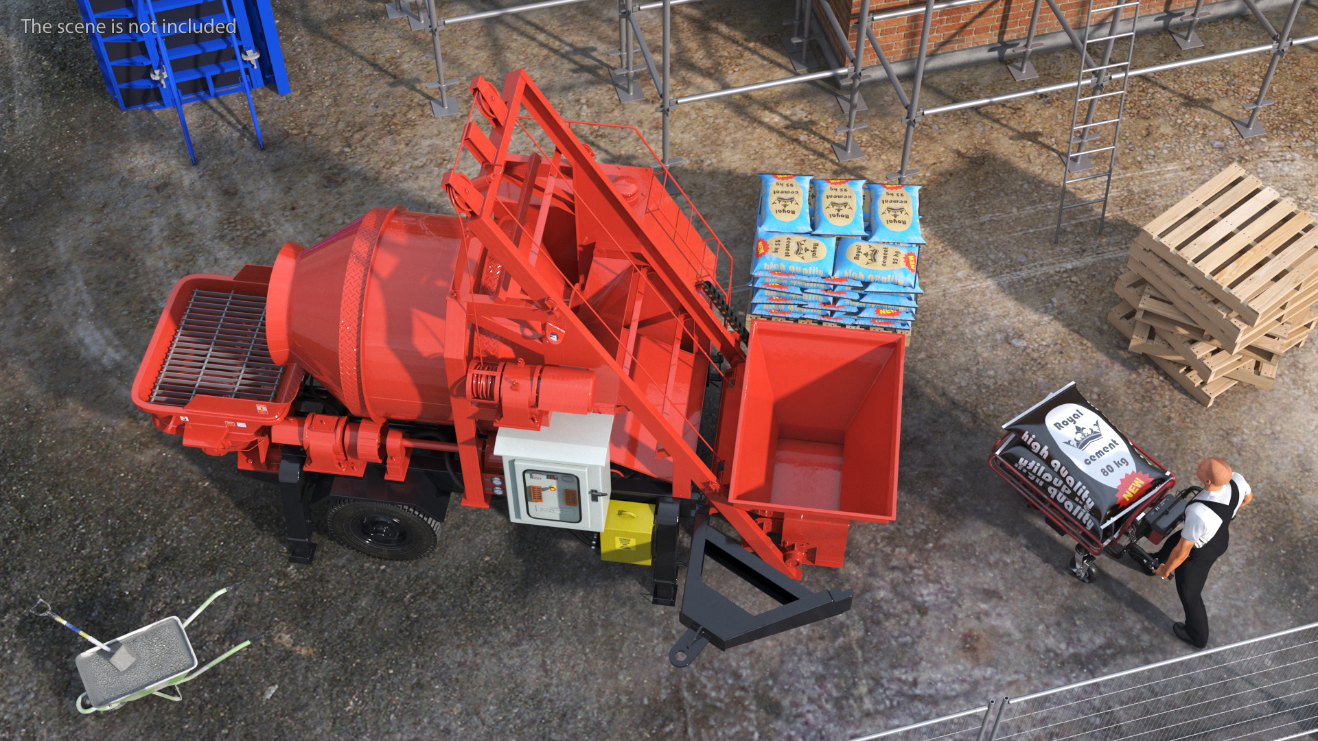 Worker with Cement and Concrete Mixer Pump 3D