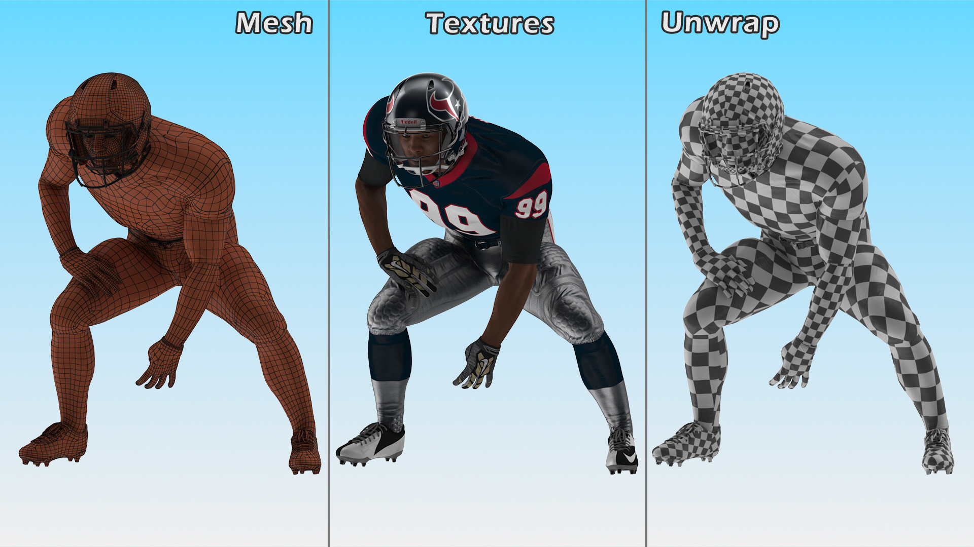 3D Houston Texans American Football Player Crouching Fur model