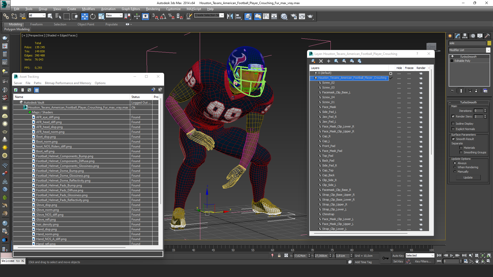 3D Houston Texans American Football Player Crouching Fur model