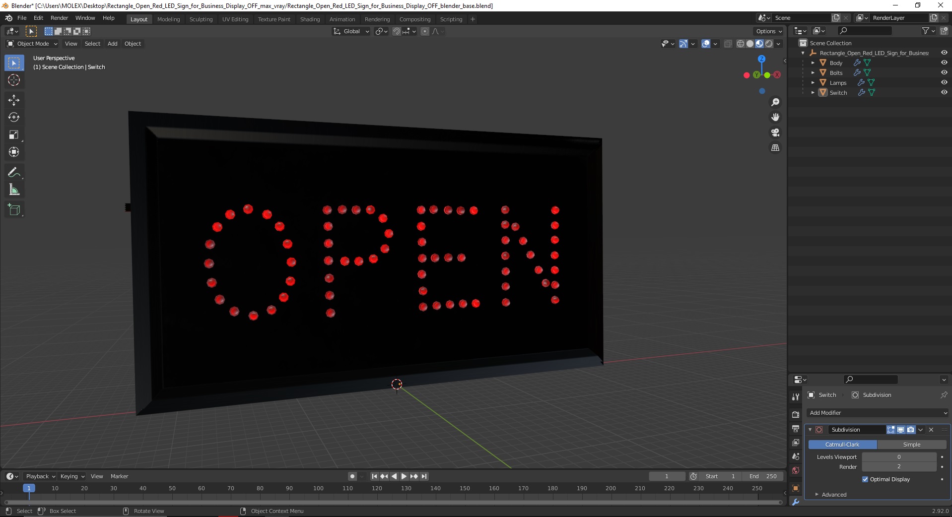 Rectangle Open Red LED Sign for Business Display OFF 3D