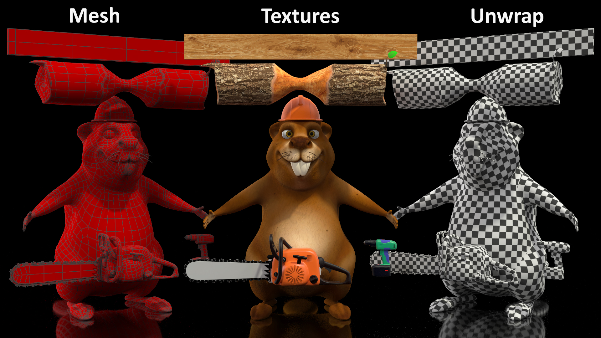 Cartoon Beaver with Tools Set 3D model