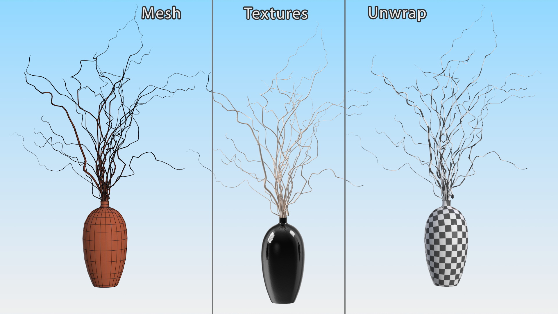 3D White Curly Willow Branches in Black Vase