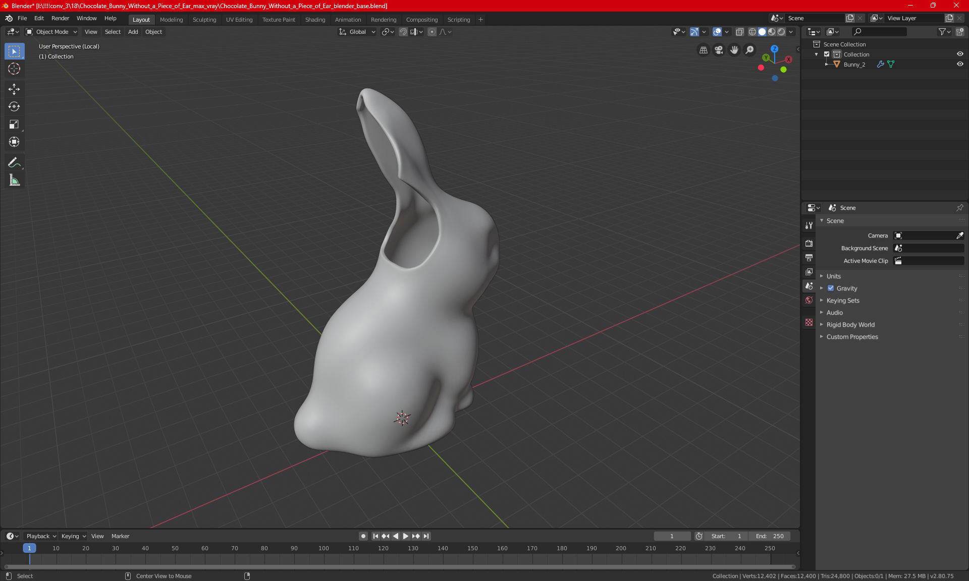 3D Chocolate Bunny Without a Piece of Ear model