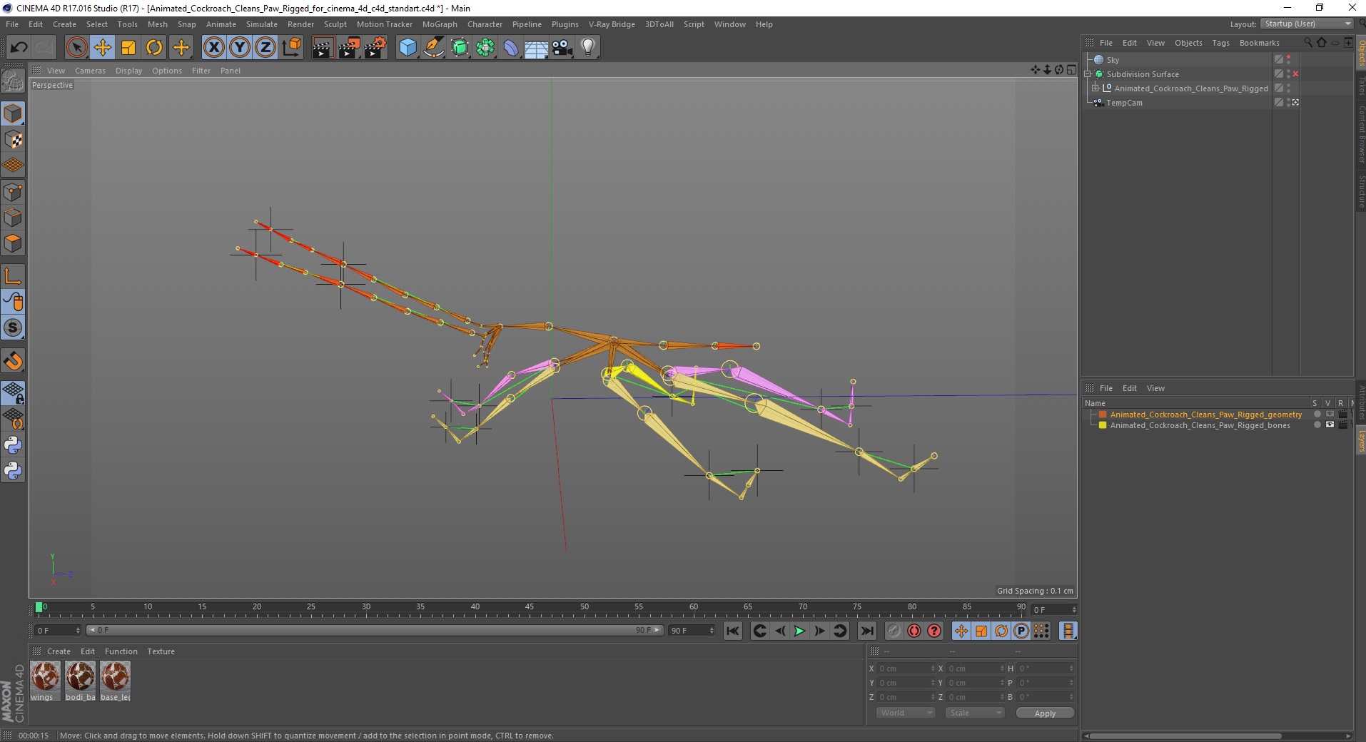 3D model Animated Cockroach Cleans Paw Rigged for Cinema 4D