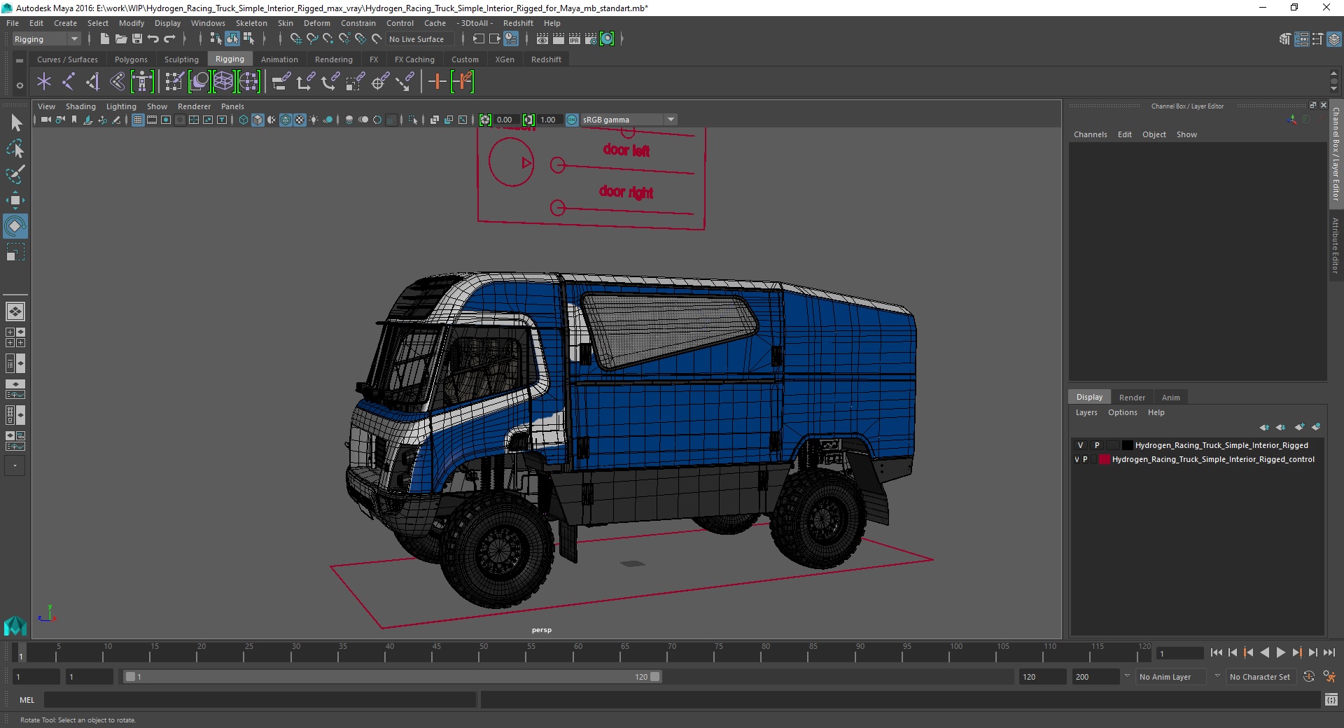 3D Hydrogen Racing Truck Simple Interior Rigged for Maya model