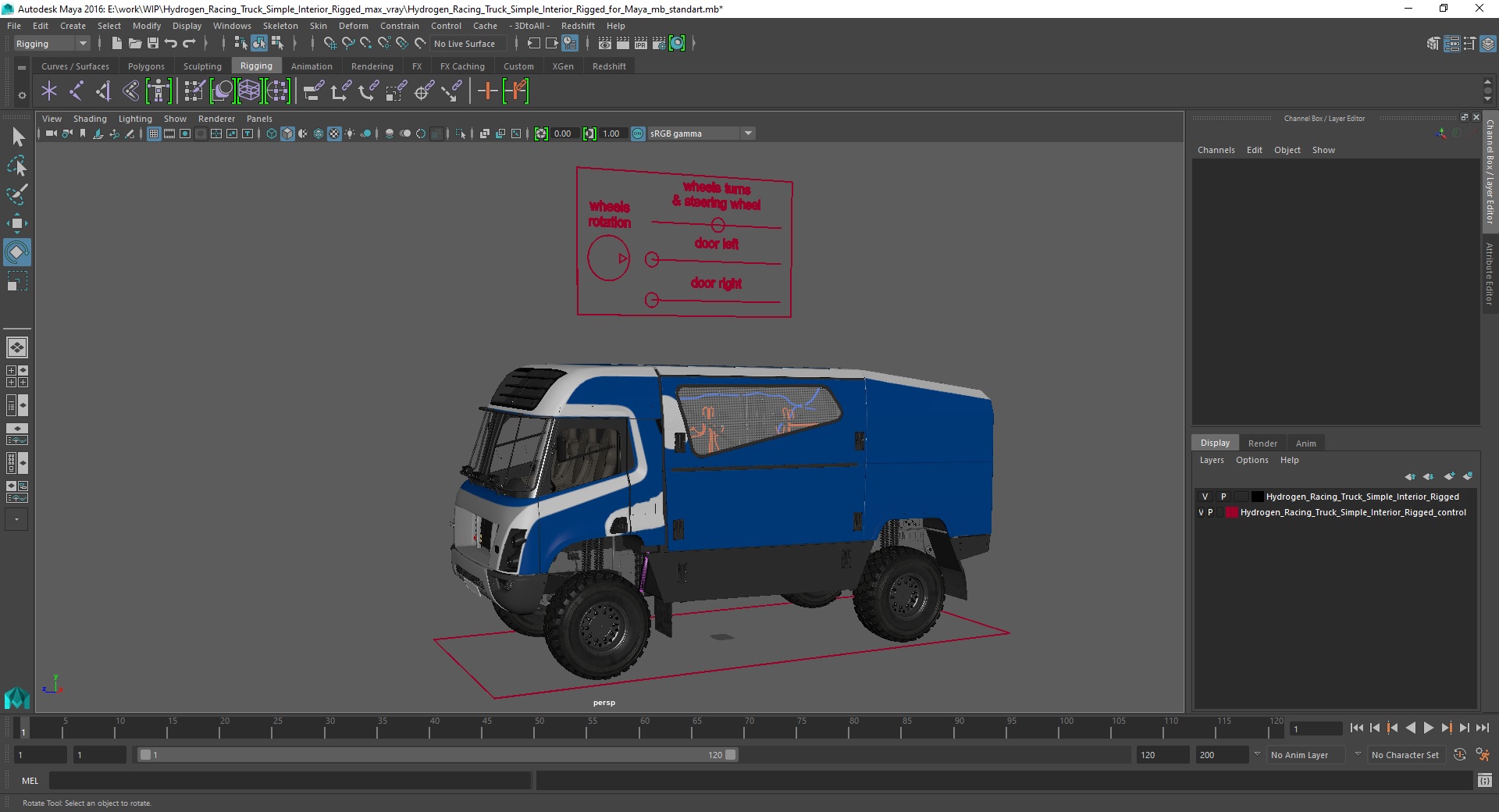 3D Hydrogen Racing Truck Simple Interior Rigged for Maya model