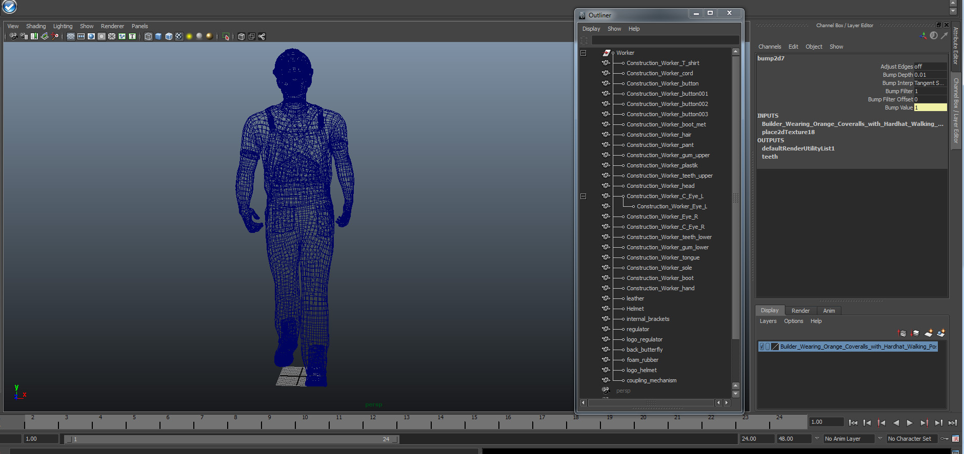 3D Builder Wearing Orange Coveralls with Hardhat Walking Pose model