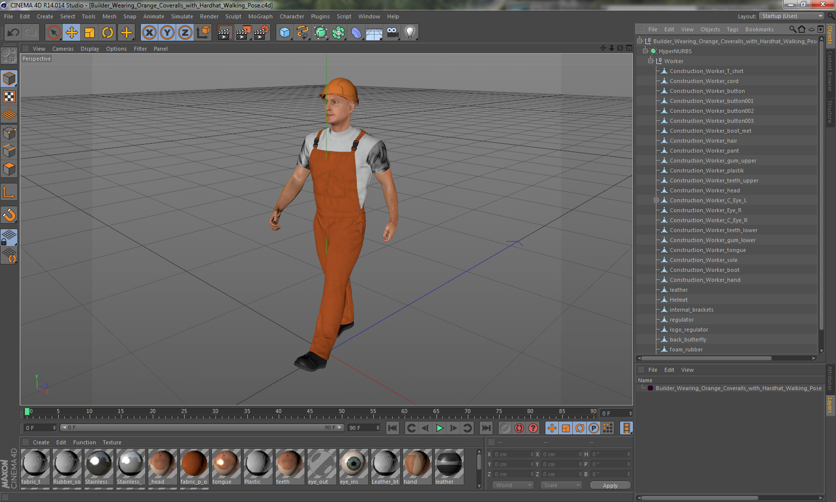 3D Builder Wearing Orange Coveralls with Hardhat Walking Pose model