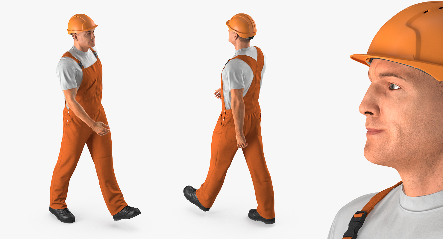 3D Builder Wearing Orange Coveralls with Hardhat Walking Pose model