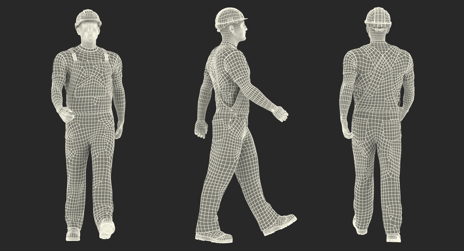 3D Builder Wearing Orange Coveralls with Hardhat Walking Pose model