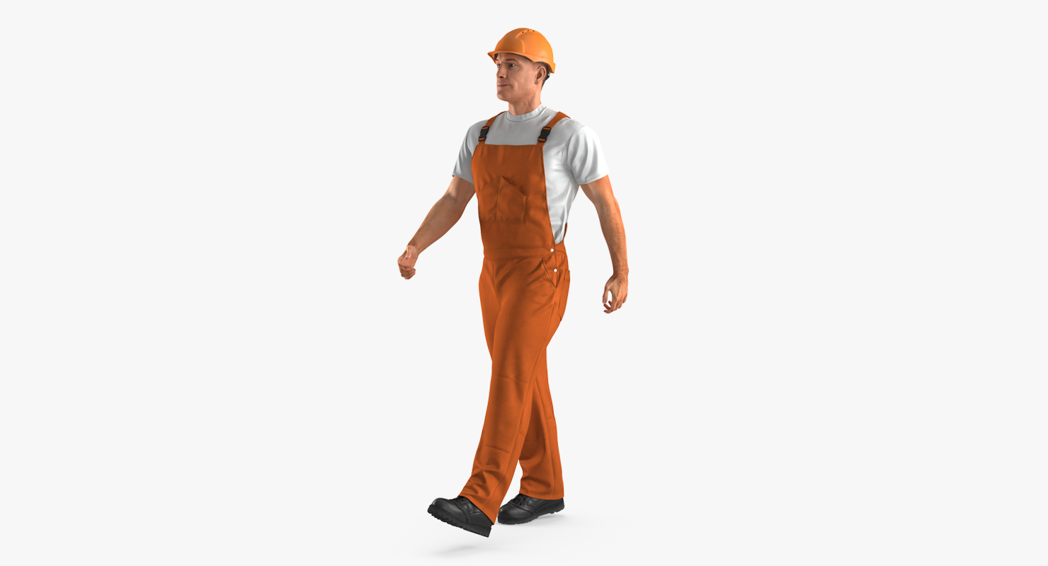3D Builder Wearing Orange Coveralls with Hardhat Walking Pose model