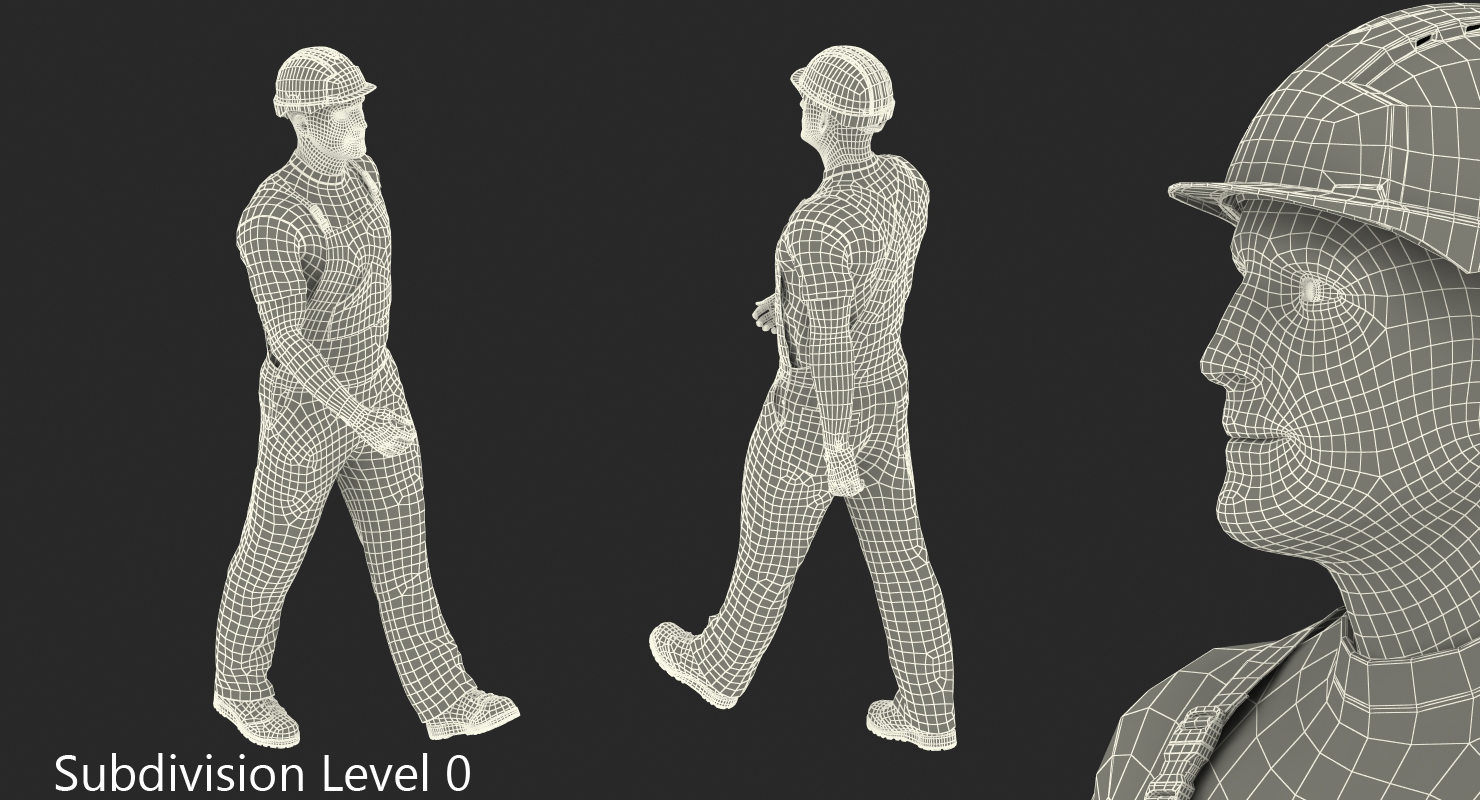 3D Builder Wearing Orange Coveralls with Hardhat Walking Pose model