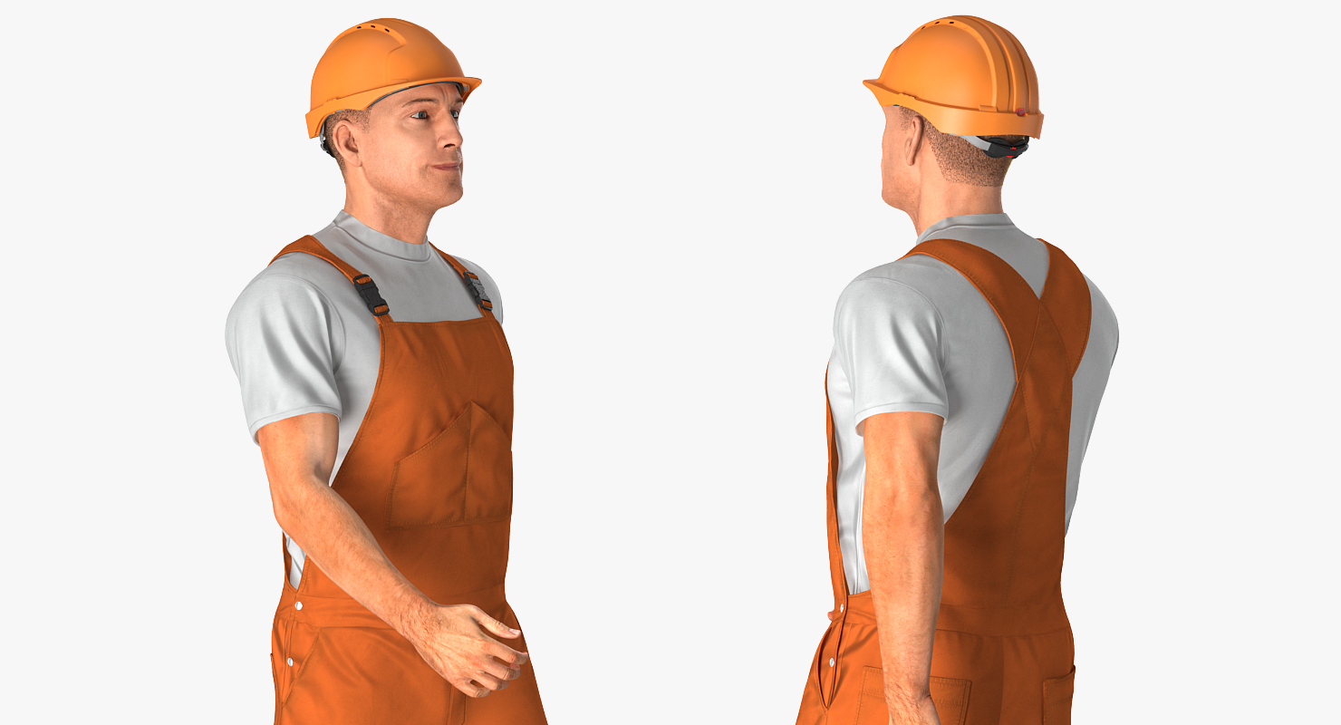3D Builder Wearing Orange Coveralls with Hardhat Walking Pose model