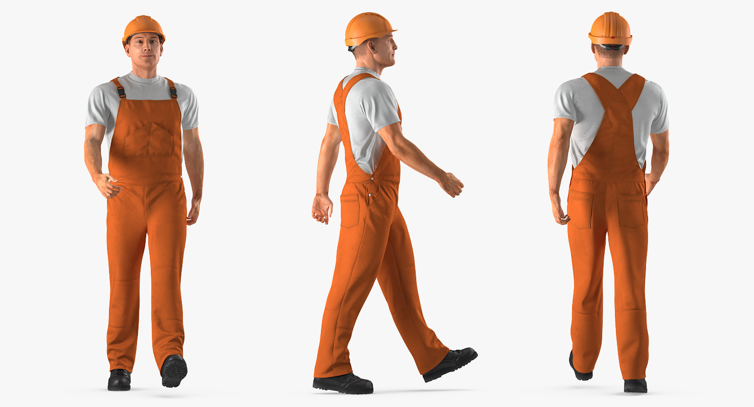 3D Builder Wearing Orange Coveralls with Hardhat Walking Pose model